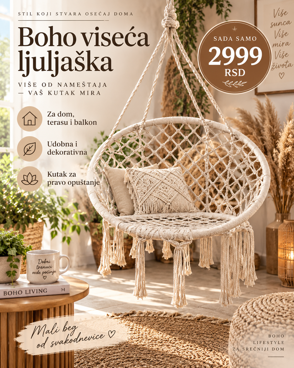 Boho viseća ljuljaška za dom terasu i balkon