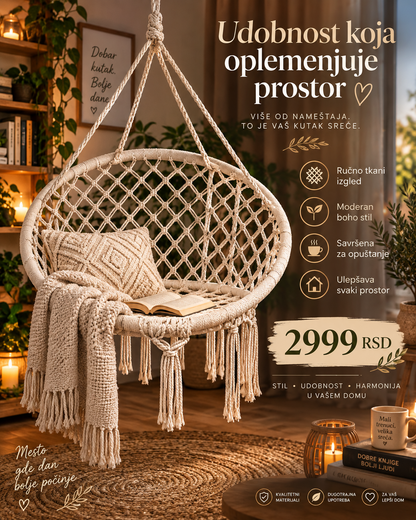 Udobna viseća ljuljaška u boho stilu za opuštanje