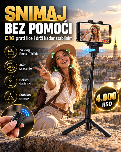 C16 selfie stick sa 360 stepeni praćenjem lica, tripod postoljem i daljinskim upravljačem