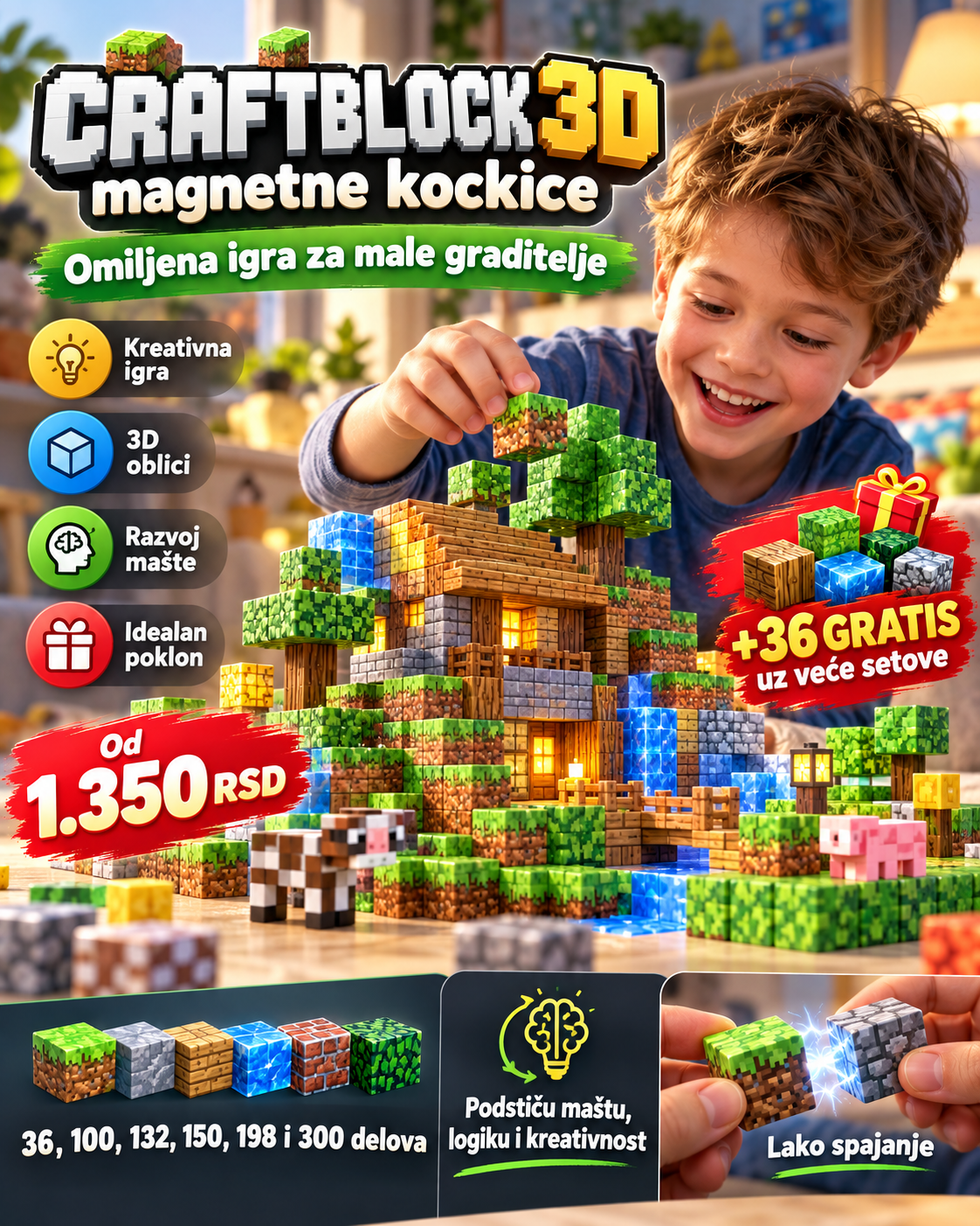 CRAFTBLOCK 3D magnetne kockice – kreativna igra za decu, setovi od 36 do 300 delova