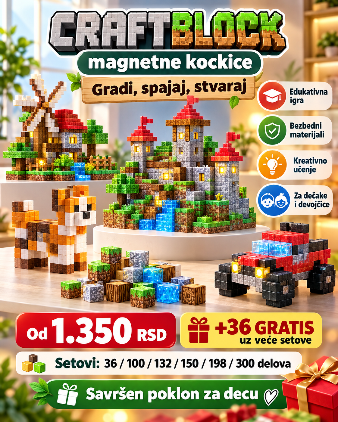 CRAFTBLOCK magnetne kockice – setovi od 36 do 300 delova, veći setovi sa 36 delova gratis