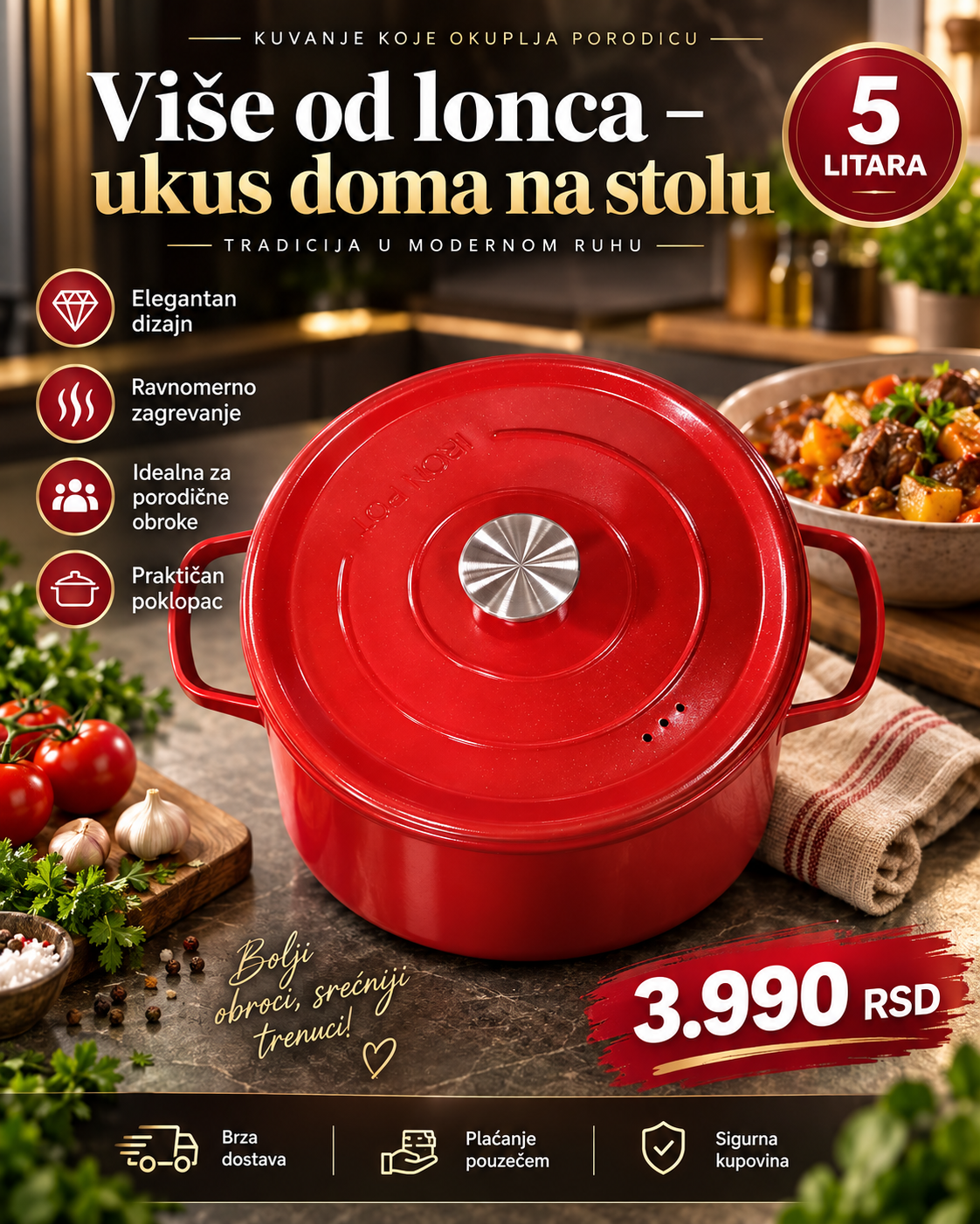 Crveni emajlirani lonac 5L sa poklopcem