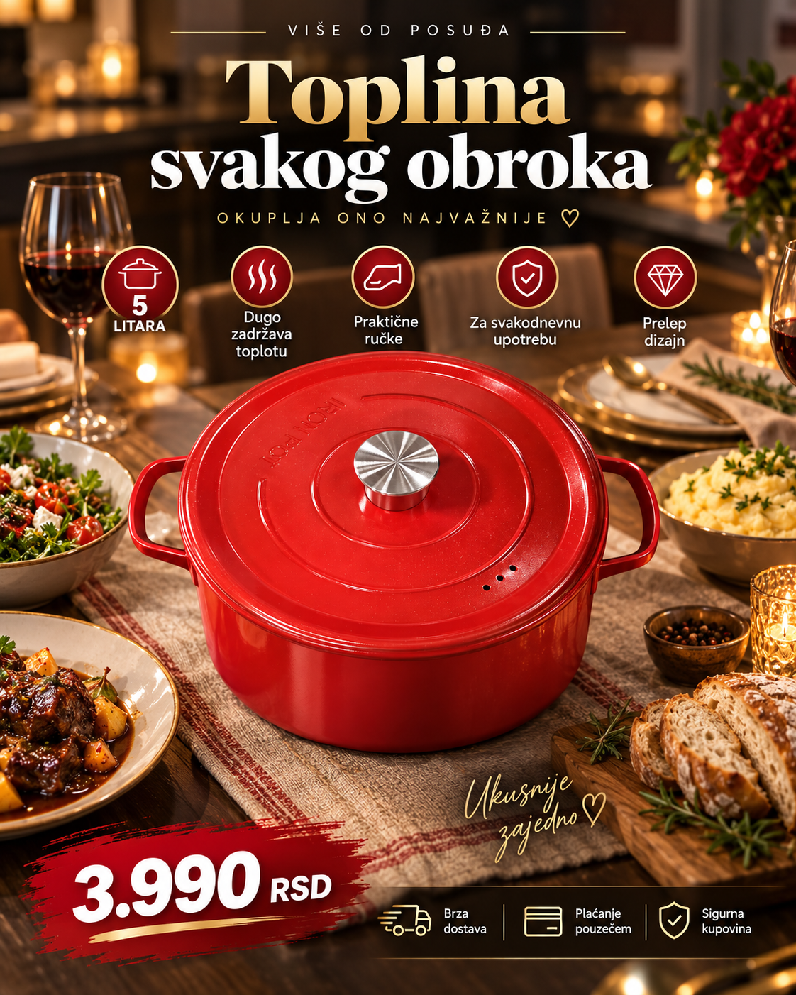 Crveni premium lonac sa poklopcem 5 litara