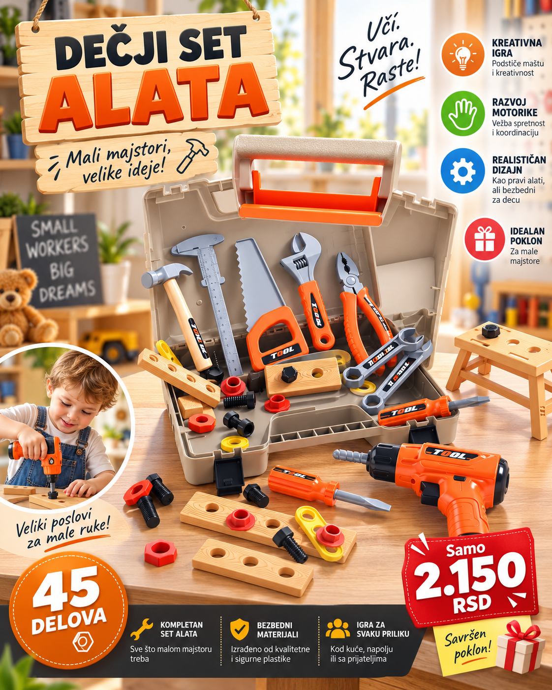 Dečji set alata 45 delova - kreativna igra i razvoj motorike