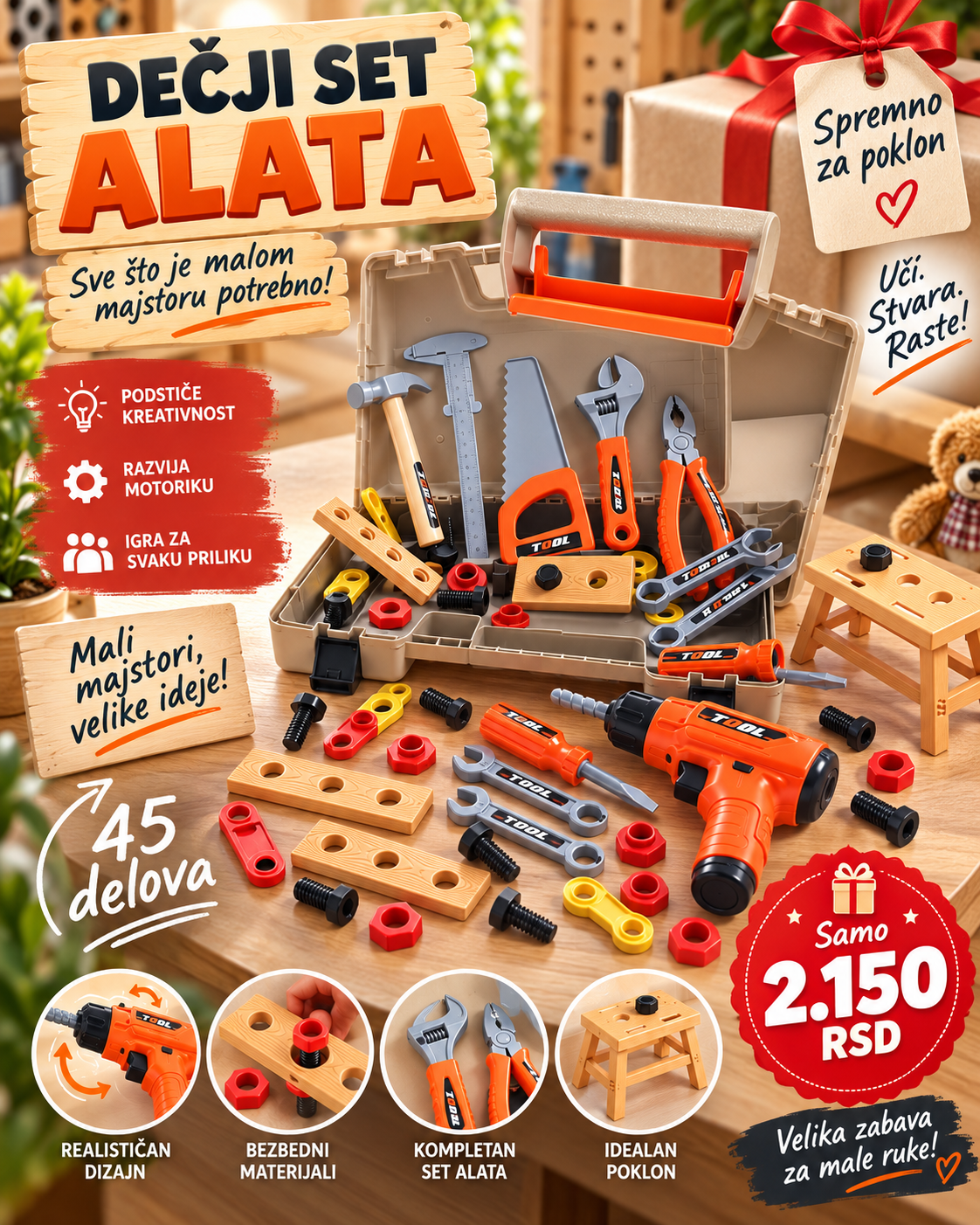 Dečji set alata 45 delova - velika zabava za male majstore
