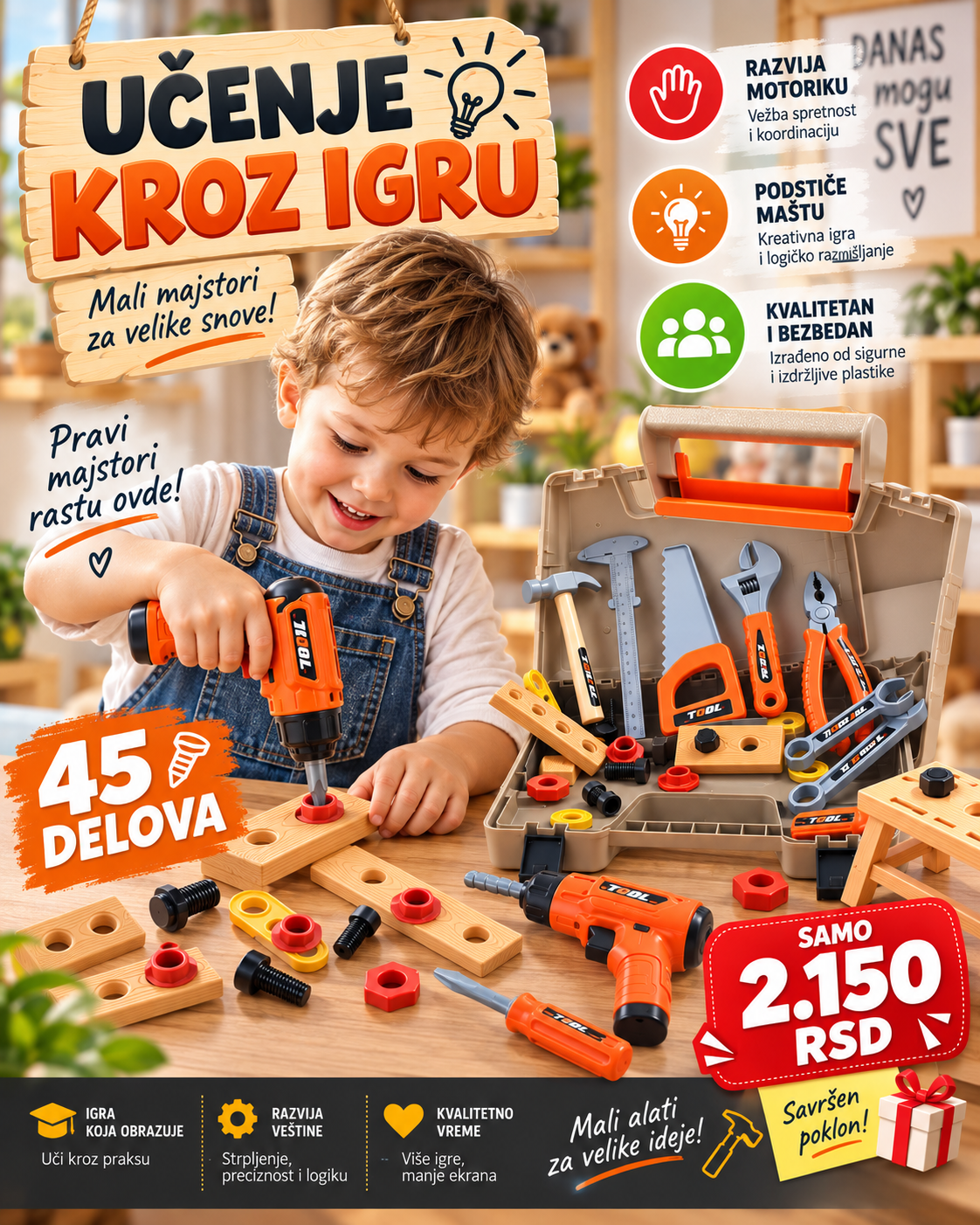 Dečji set alata 45 delova - mali majstori velike ideje