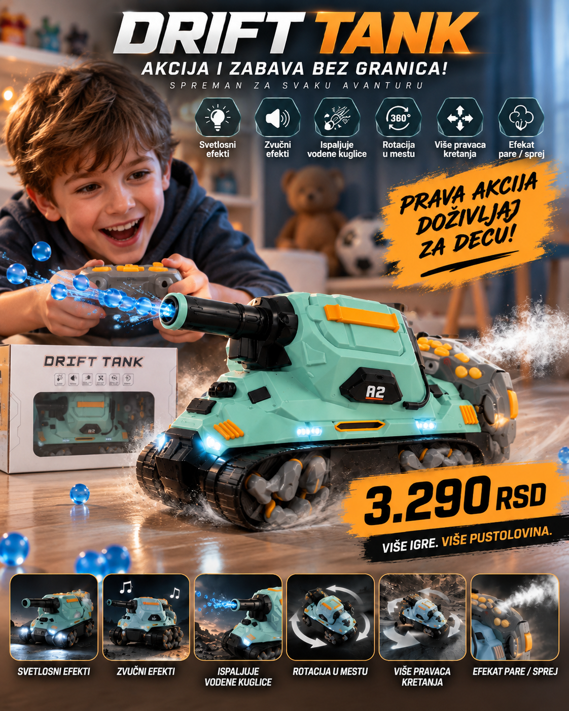 Drift Tank R2 akcioni tenk za decu sa rotacijom i više pravaca kretanja