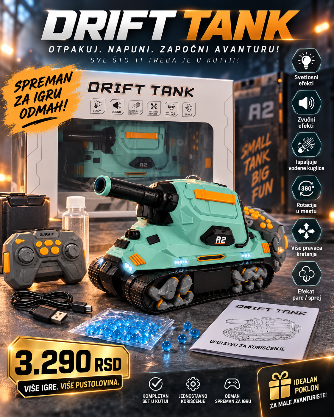 Drift Tank R2 u igri sa daljinskim upravljačem i vodenim kuglicama