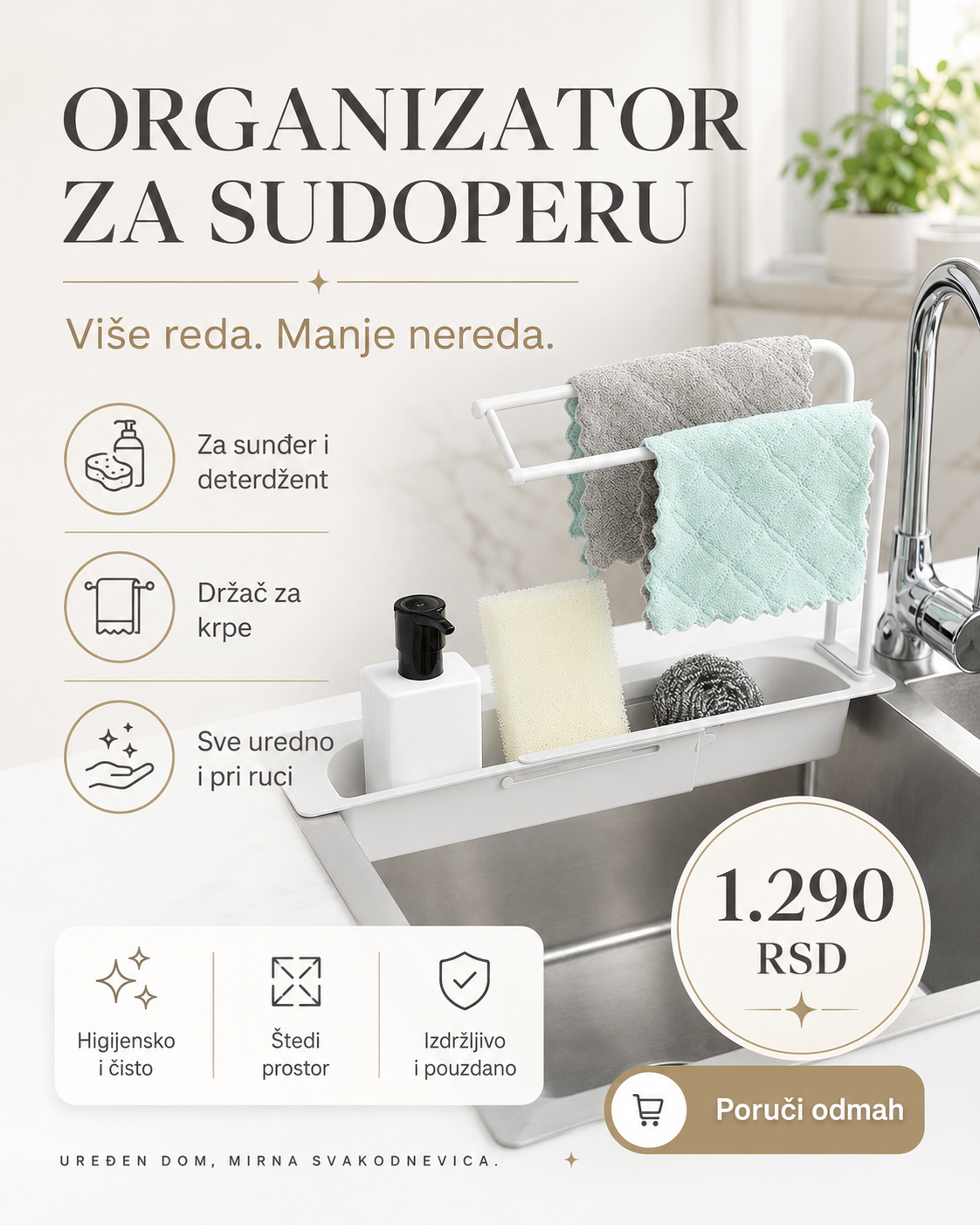 Organizator za sudoperu 3u1 – držač za sunđer, deterdžent i krpe