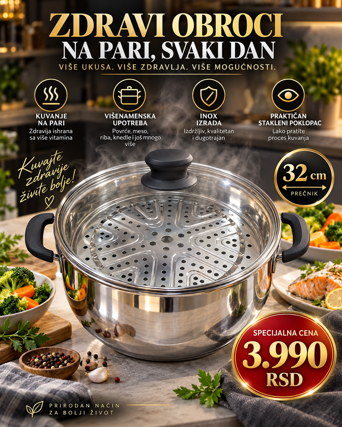 Inox lonac 32 cm sa umetkom za kuvanje na pari i poklopcem