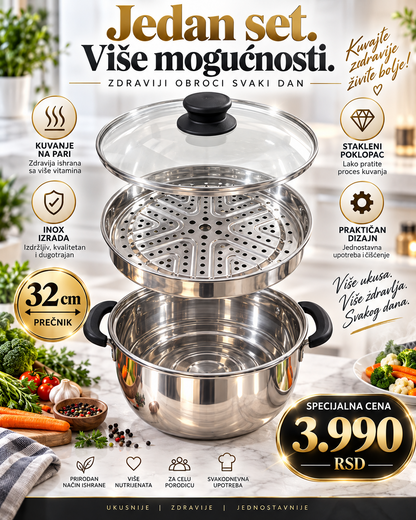 Inox steamer set 32 cm sa staklenim poklopcem