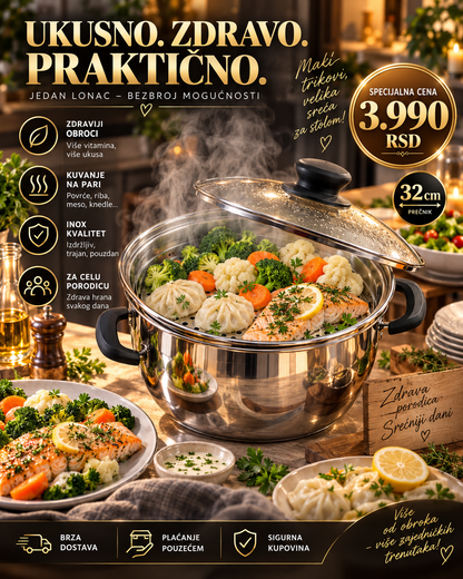 Inox lonac za kuvanje na pari 32 cm u upotrebi