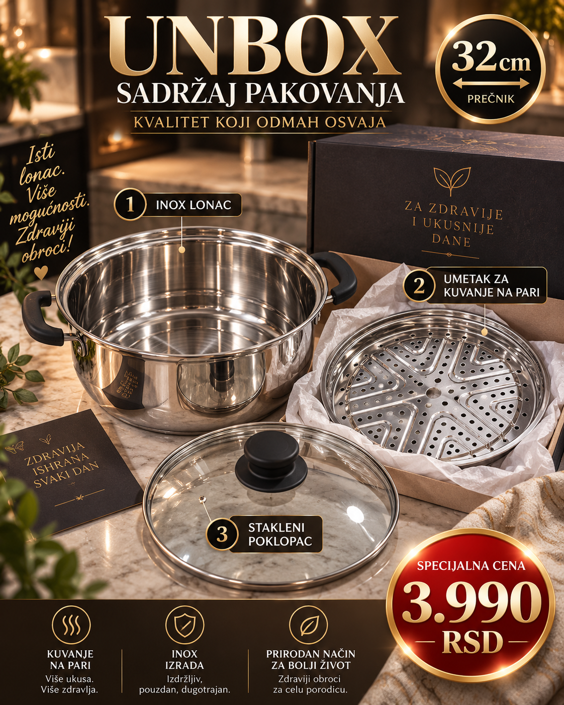 Inox steamer 32 cm sadržaj pakovanja