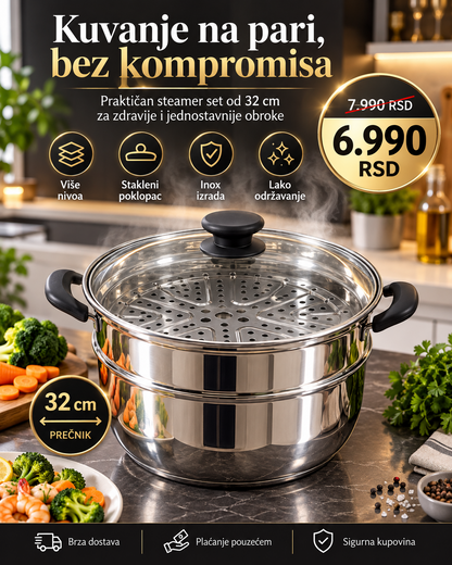 Višenivojski inox steamer 32 cm za kuvanje na pari