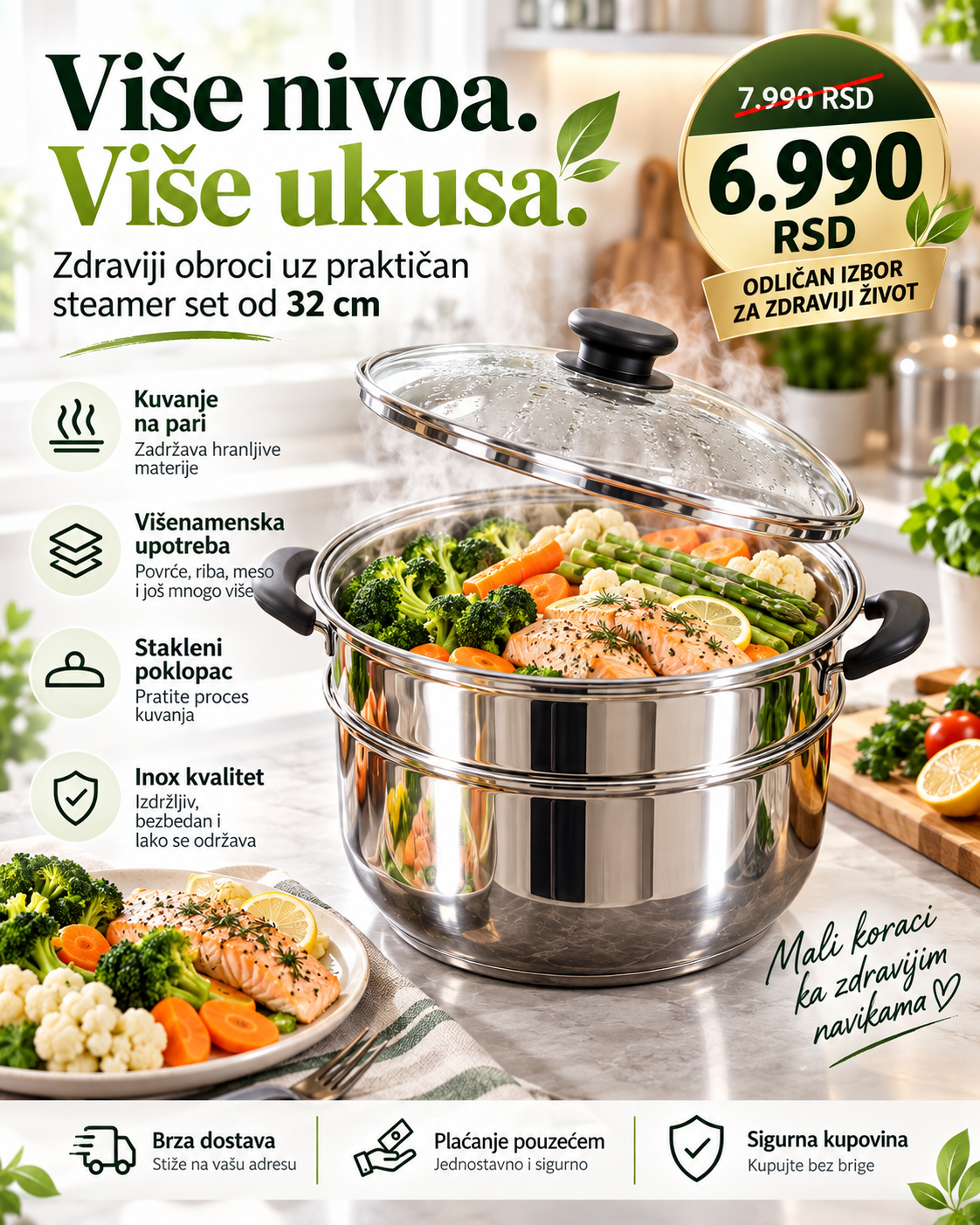Višenivojski steamer 32 cm sa staklenim poklopcem
