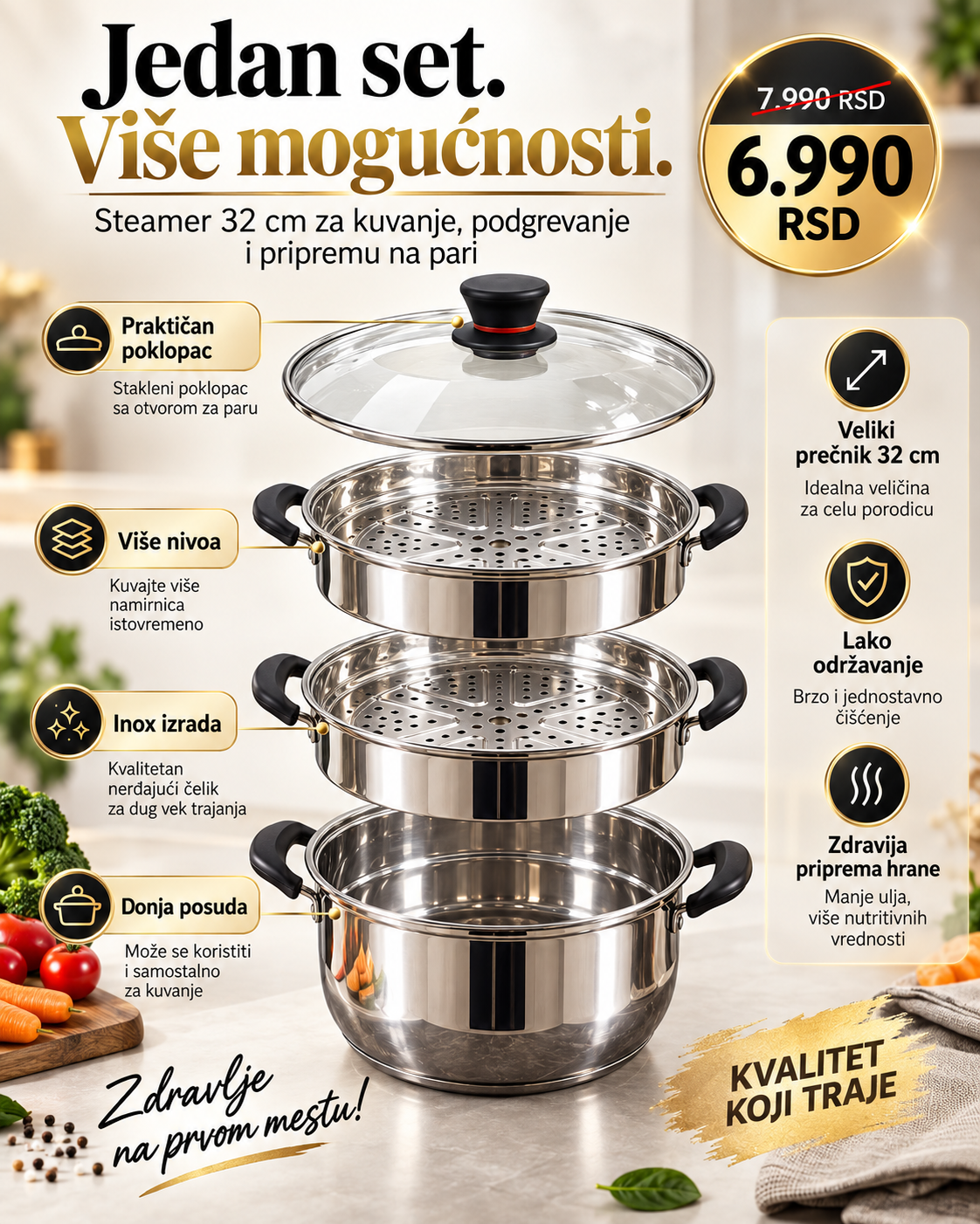 Inox steamer 32 cm sa više nivoa i staklenim poklopcem