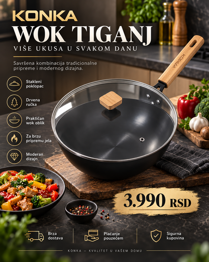 KONKA wok tiganj sa staklenim poklopcem i drvenom ručkom