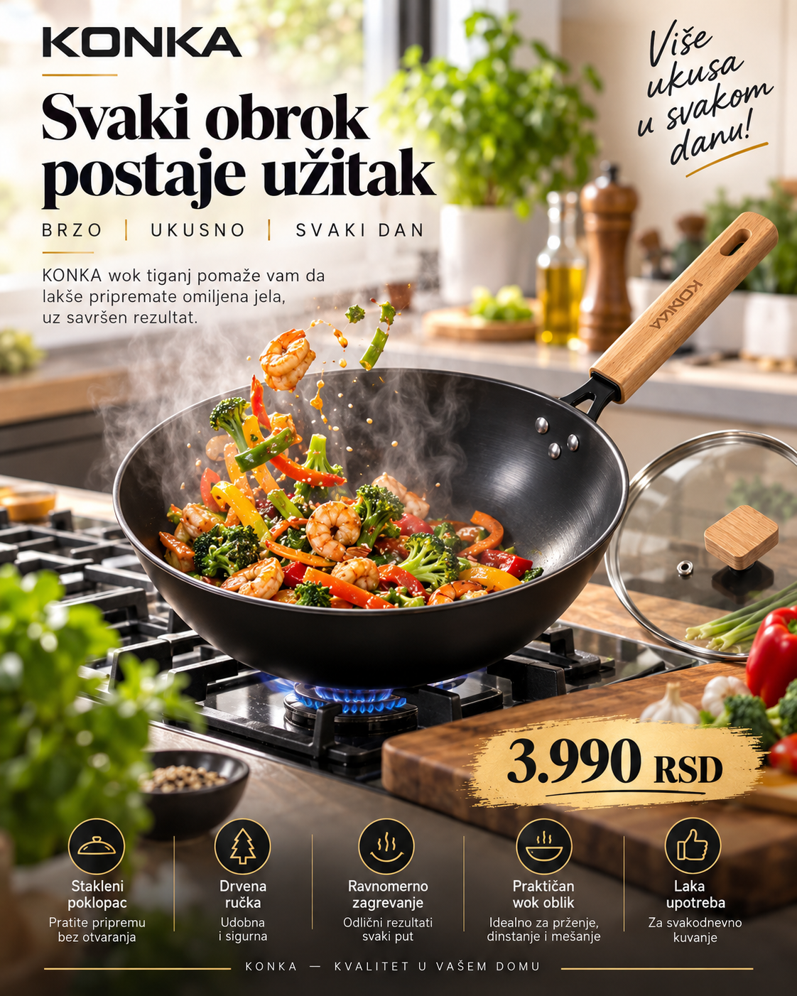 KONKA wok tiganj u upotrebi za svakodnevne obroke