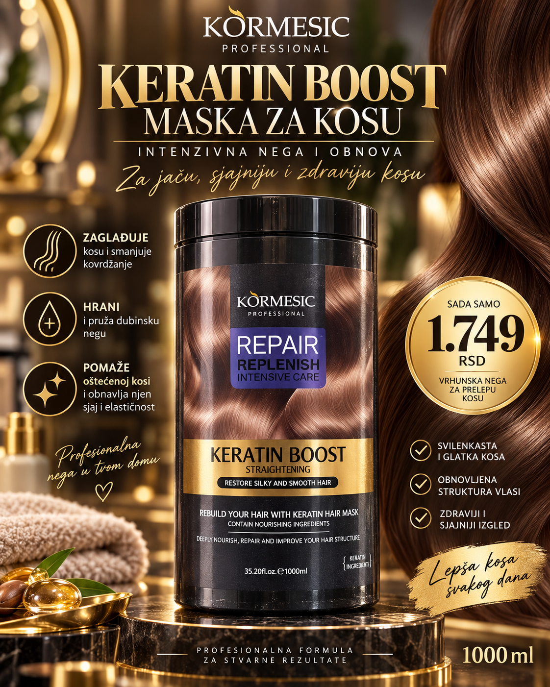 KORMESIC Keratin Boost Repair Replenish maska za kosu 1000 ml