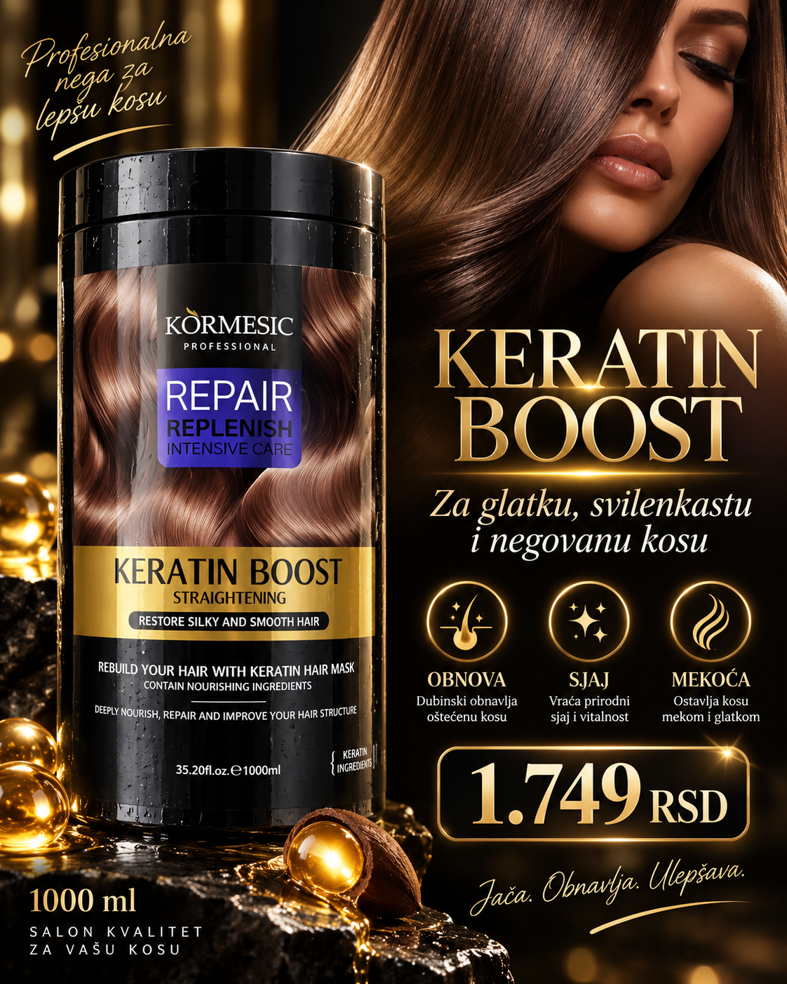 KORMESIC Keratin Boost premium maska za zaglađivanje i negu kose 1000 ml