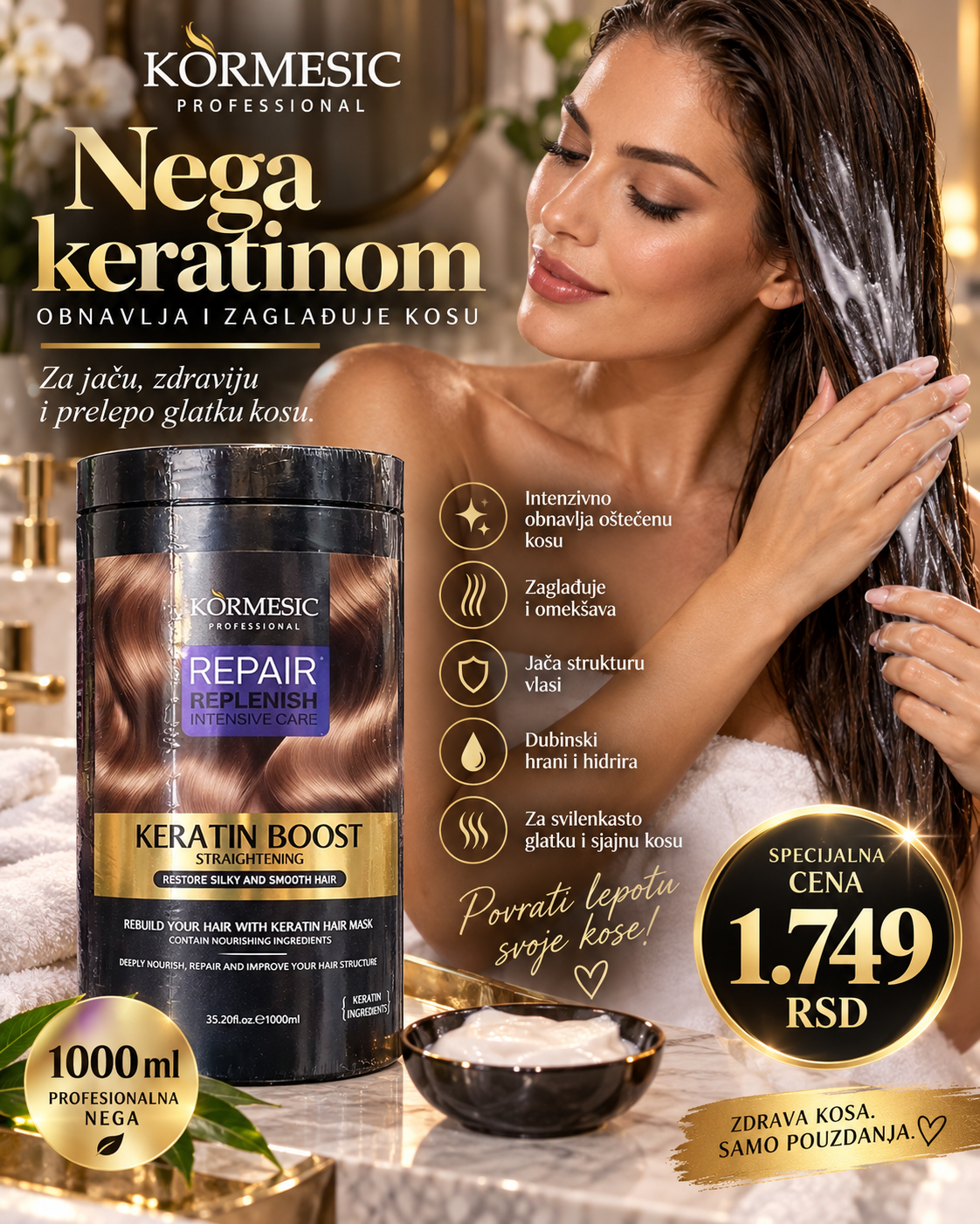 KORMESIC Keratin Boost maska za kosu u upotrebi 1000 ml