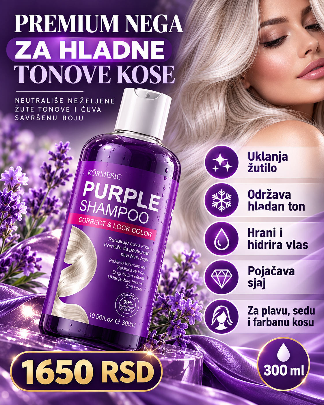 KORMESIC ljubičasti šampon za plavu sedu i posvetljenu kosu 300 ml