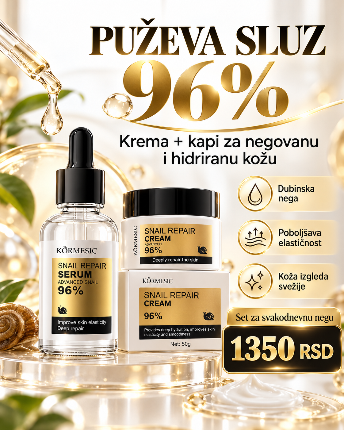 KORMESIC Snail Repair 96% – krema i serum za negu kože