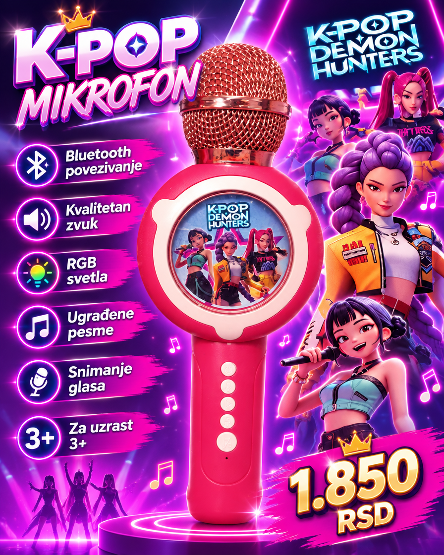 Dečji K-POP mikrofon sa Bluetooth povezivanjem, svetlosnim efektima i snimanjem glasa