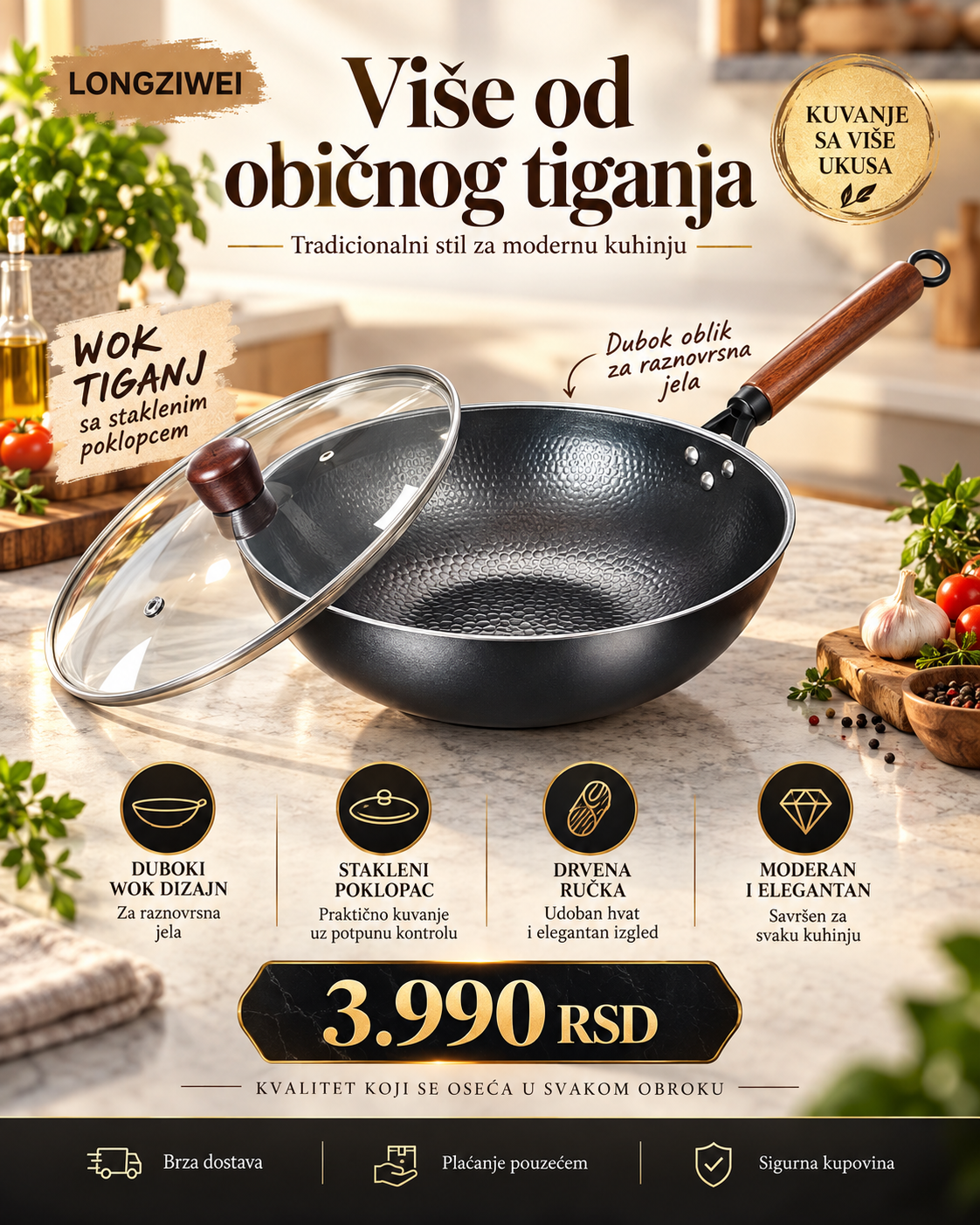 LONGZIWEI duboki wok tiganj sa staklenim poklopcem