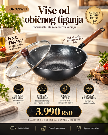 LONGZIWEI duboki wok tiganj sa staklenim poklopcem