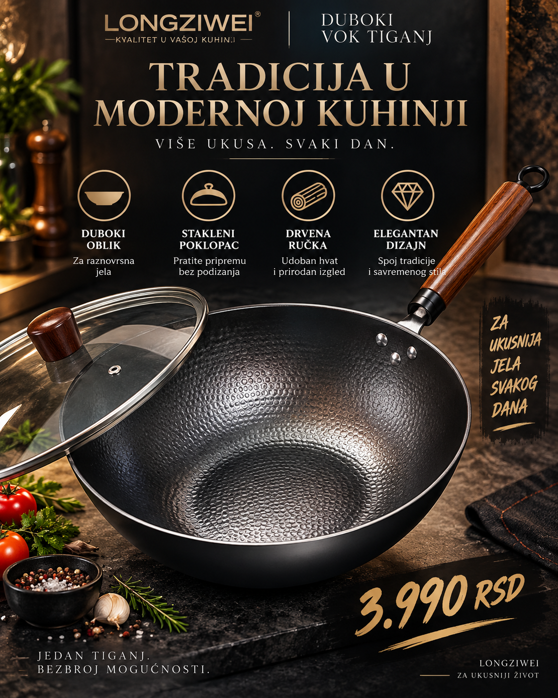 LONGZIWEI duboki wok tiganj - detalji i stakleni poklopac