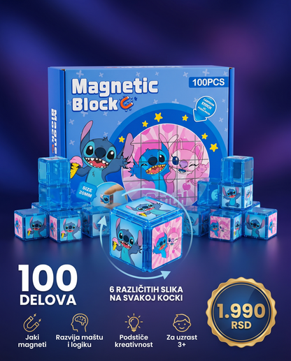 Magnetne kockice 100 delova - plavi motiv sa šest slika na kocki