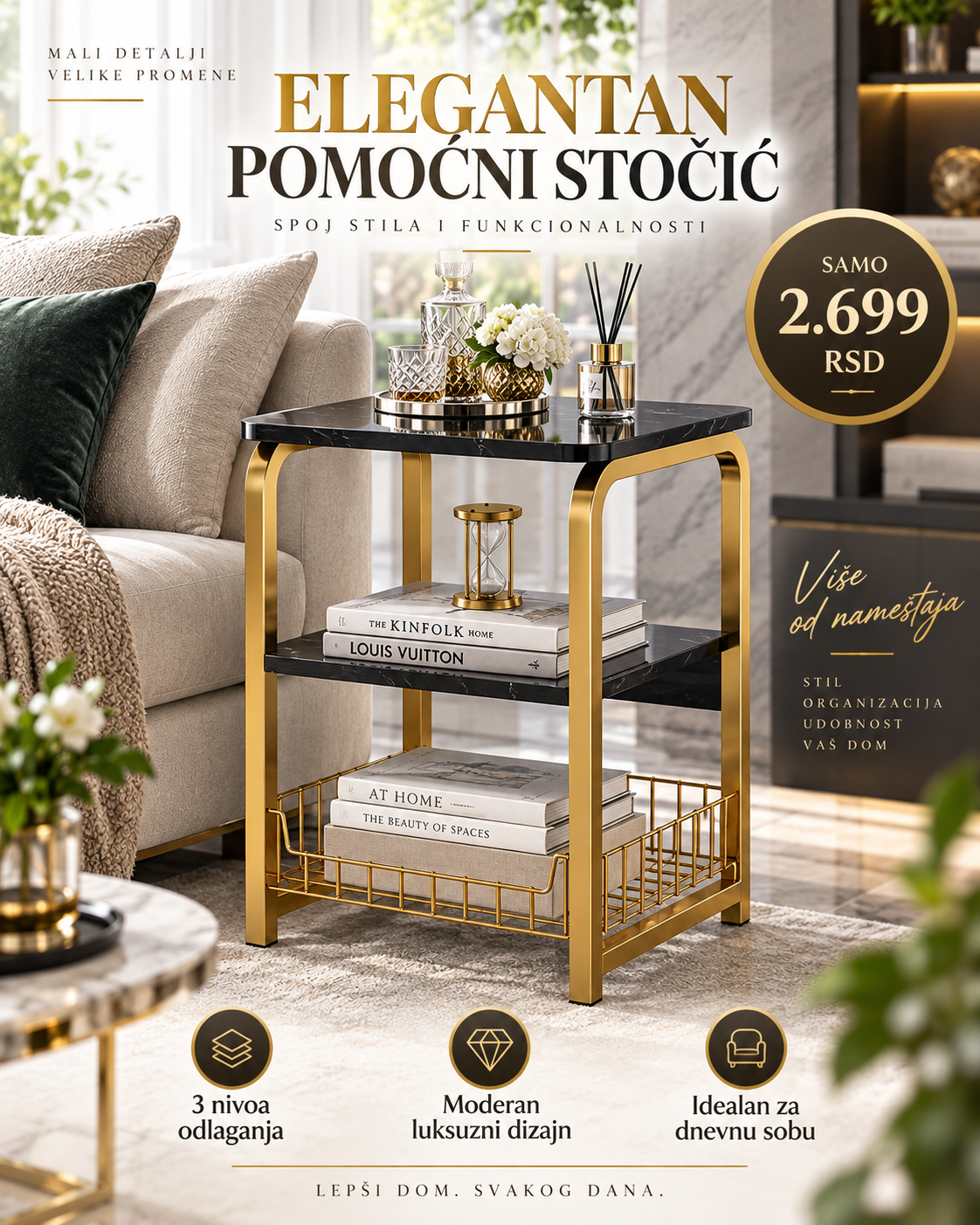 Maison Gold Trio luksuzni pomoćni stočić sa tri nivoa