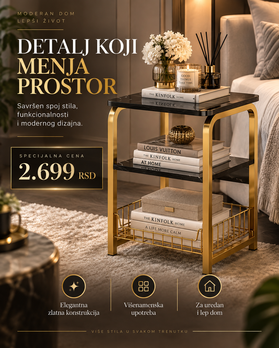 Maison Gold Trio elegantan bočni stočić za dnevnu sobu