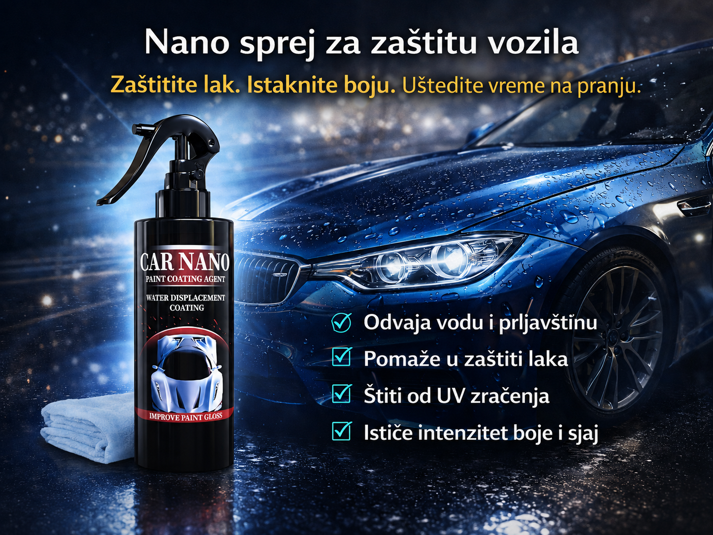 Nano sprej za zaštitu vozila uz plavi automobil – odbija vodu i prljavštinu, pomaže u zaštiti laka i ističe sjaj boje
