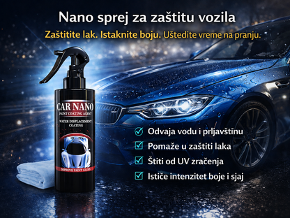 Nano sprej za zaštitu vozila uz plavi automobil – odbija vodu i prljavštinu, pomaže u zaštiti laka i ističe sjaj boje