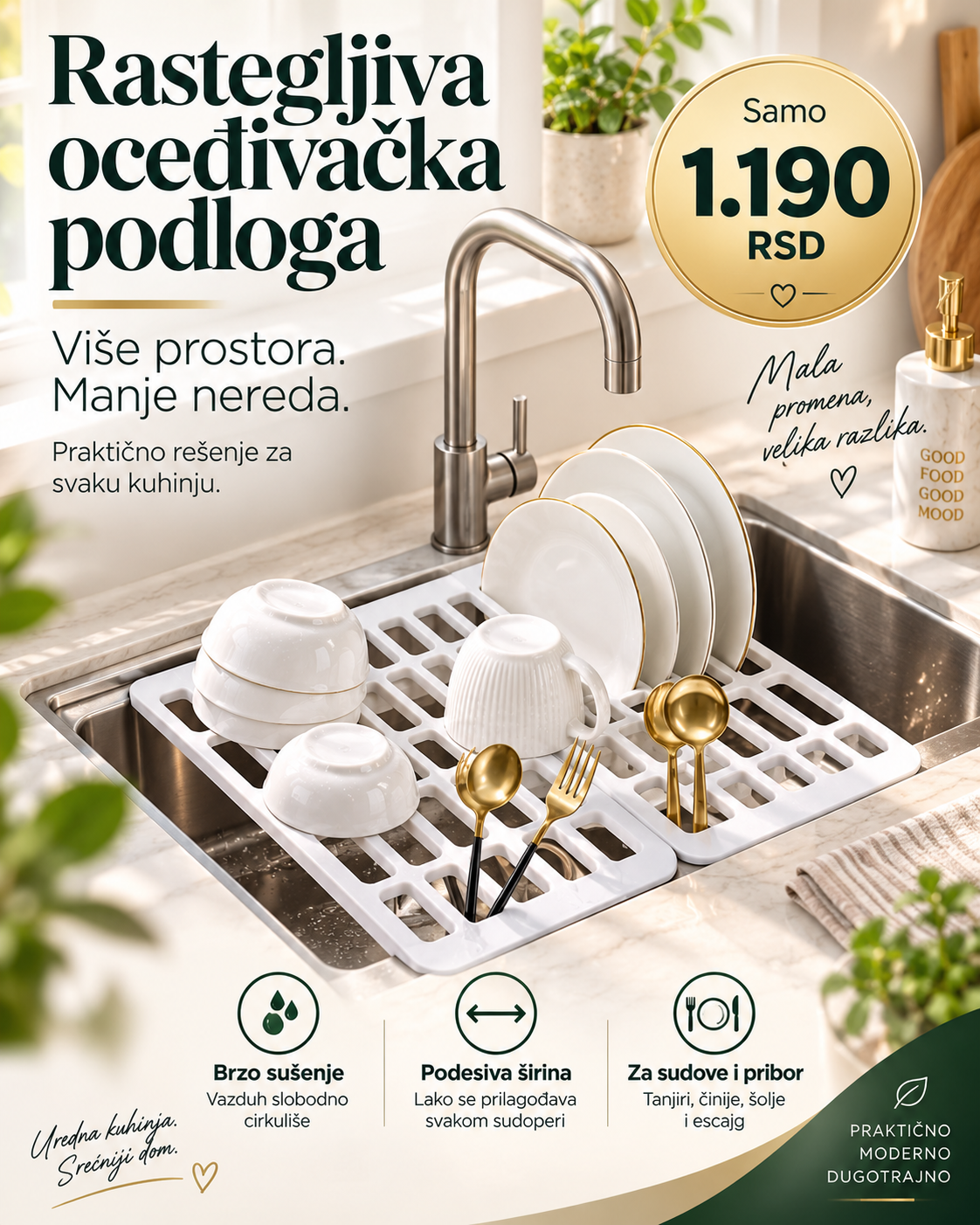 Rastegljiva oceđivačka podloga za sudoperu