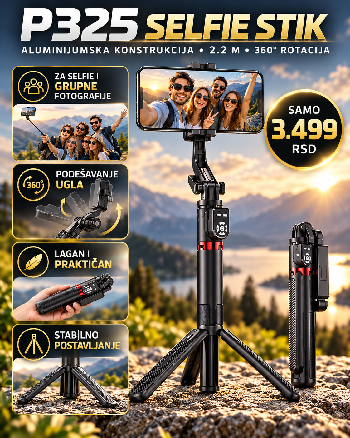P325 selfie stik sa 2.2 m dužinom, 360 rotacijom i tripod postoljem
