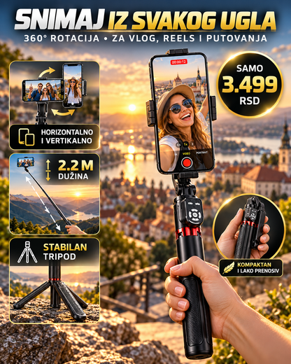 P325 selfie stik za horizontalno i vertikalno snimanje sa stabilnim tripodom