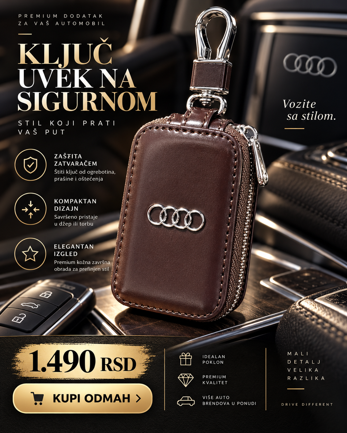 Premium futrola za auto ključ Audi braon