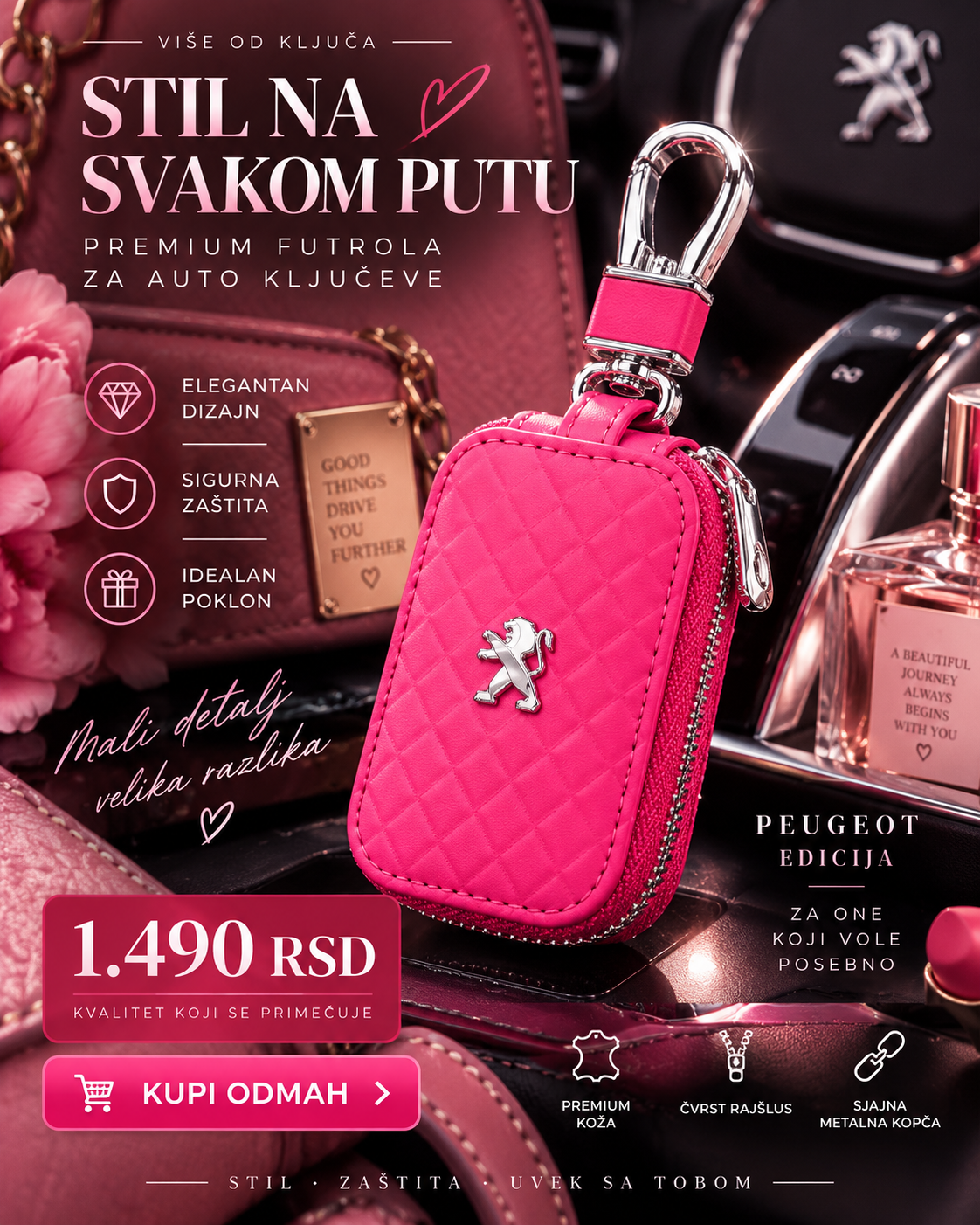 Premium futrola za auto ključ Peugeot roze