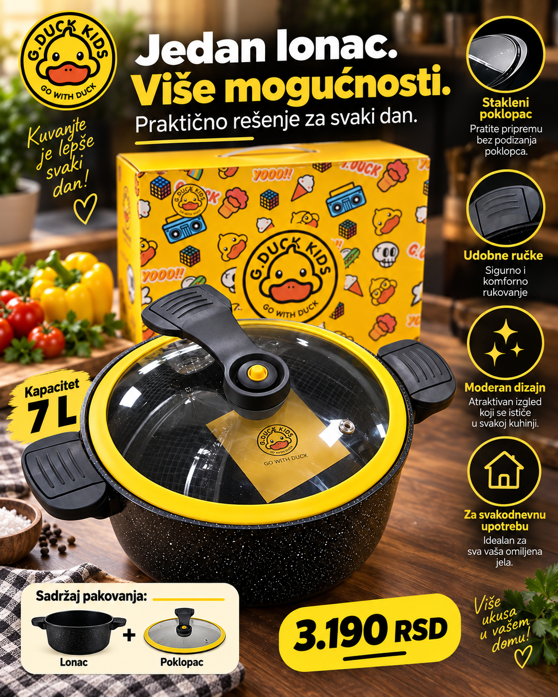 G.Duck Kids lonac 7L sa staklenim poklopcem i udobnim ručkama
