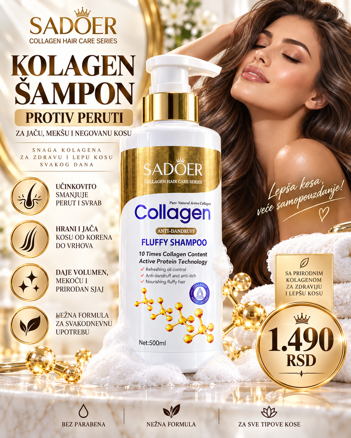 SADOER Collagen šampon protiv peruti 500 ml