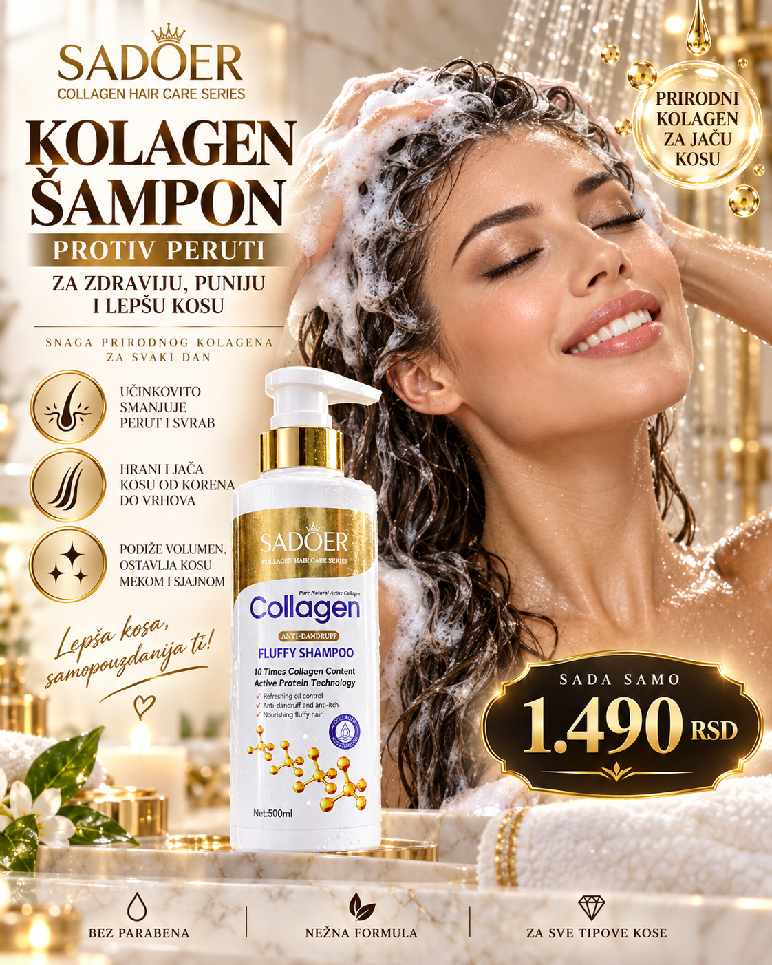 SADOER Collagen šampon protiv peruti - primena