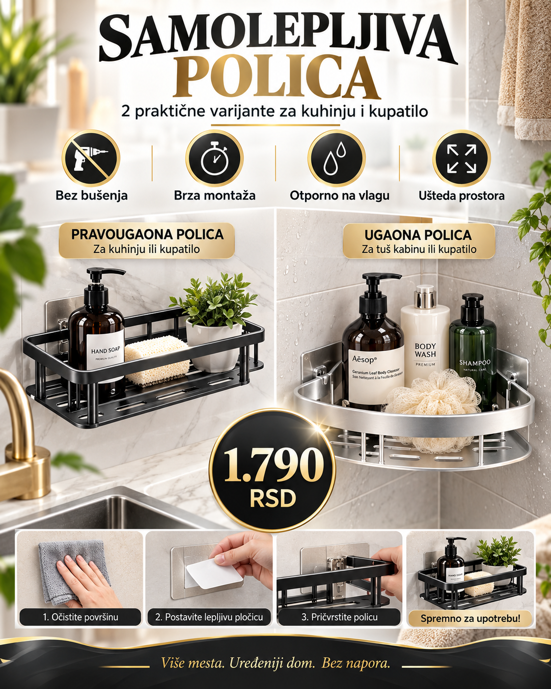 PREMIUM samolepljiva polica bez bušenja - pravougaona i ugaona varijanta