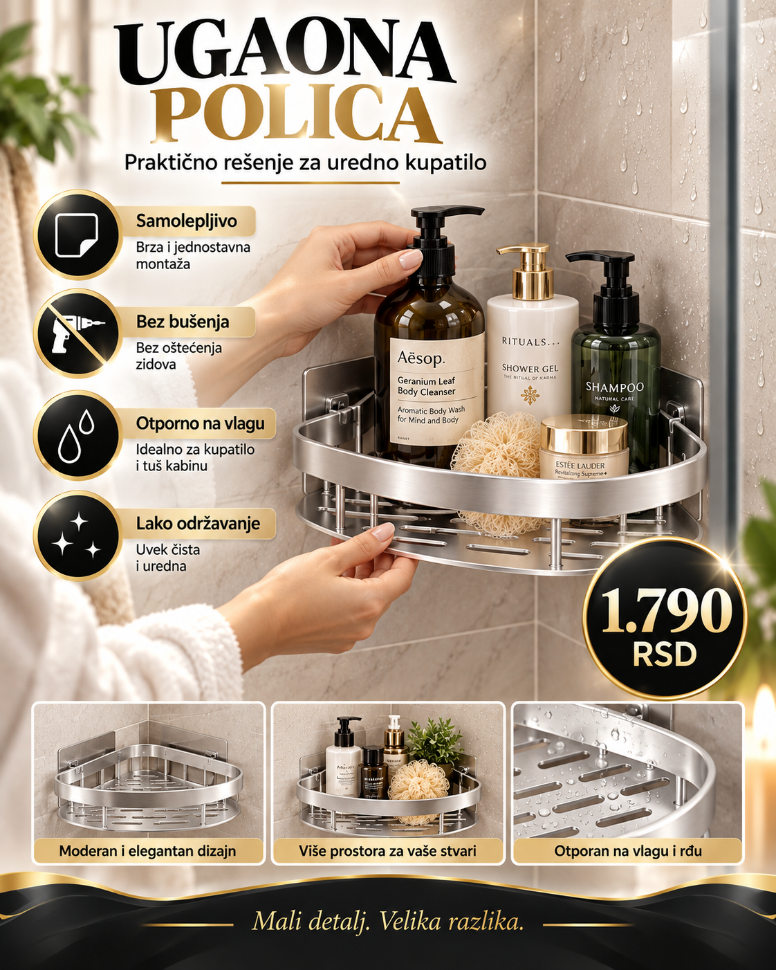 Ugaona PREMIUM samolepljiva polica za kupatilo