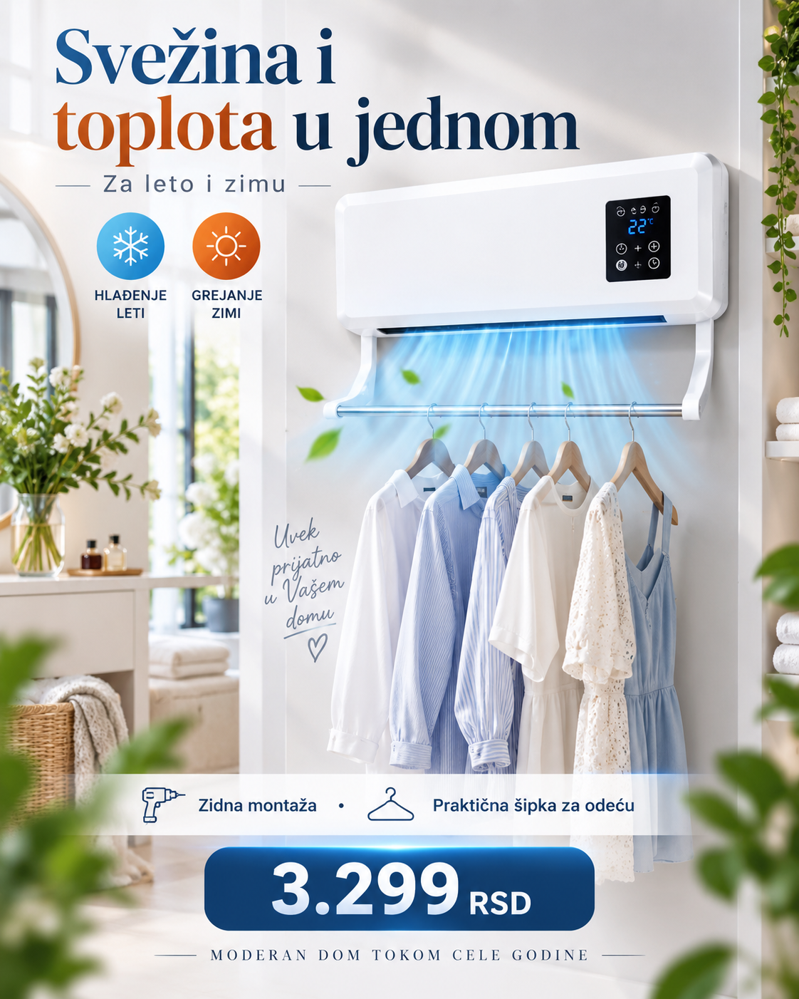 Zidna grejalica sa funkcijom ventilacije i praktičnom šipkom za odeću